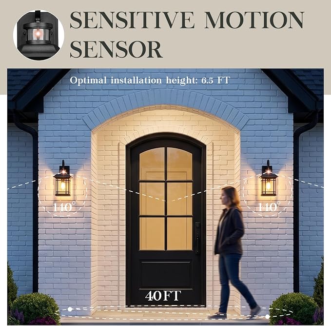 Emliviar 17.3" Motion Sensor Outside Wall Mounted Light, Large Exterior Front Door Lighting Fixtures for House, Outdoor Wall Lantern with Seeded Glass, Black Finish, 2084B-M-SE BK