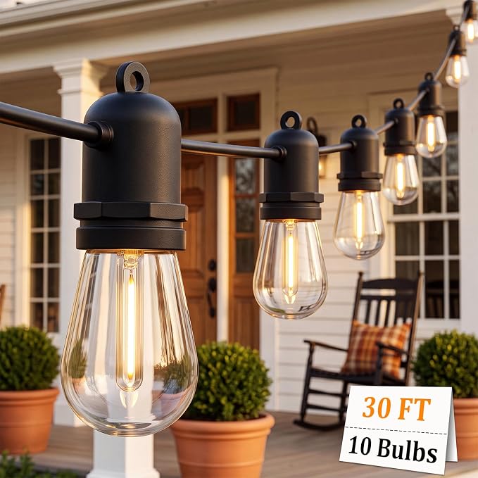 S14 Outdoor String Lights 30FT with 11 Clear LED Bulbs, Black Wire | Connectable Commercial Grade Patio Lights, UL Listed, IP65 Waterproof, 2700K Shatterproof Bulbs, for Backyard, Porch, Bistro