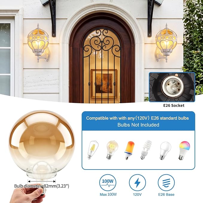 2 Pack White Globe Outdoor Wall Lights, Round Exterior Wall Sconce for Patio, Porch, Entryway, Anti-Rust Aluminum Wall Mount Lighting Fixture, Outside Wall Lantern with Amber Glass & Ornate Cage