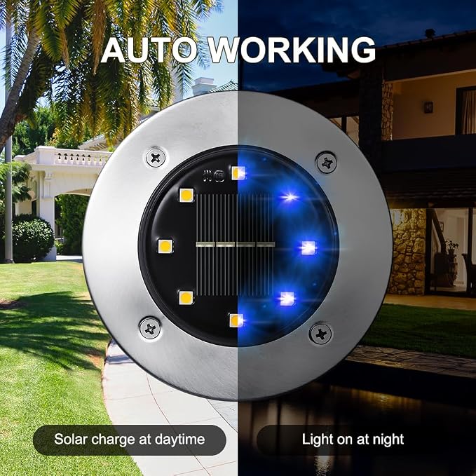 LYHOPE Solar Ground Lights Outdoor, 8 Pack 8 LED Solar Disk Lights Waterproof Garden In-ground Pathway Light Landscape Lighting for Lawn,Yard,Deck,Patio,Walkway (Blue)