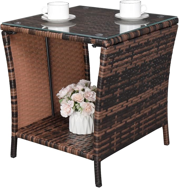 Outvita Outdoor Side Table, Rattan Coffee Table Small End Table with Glass Top Storage for Patio Porch Backyard Balcony