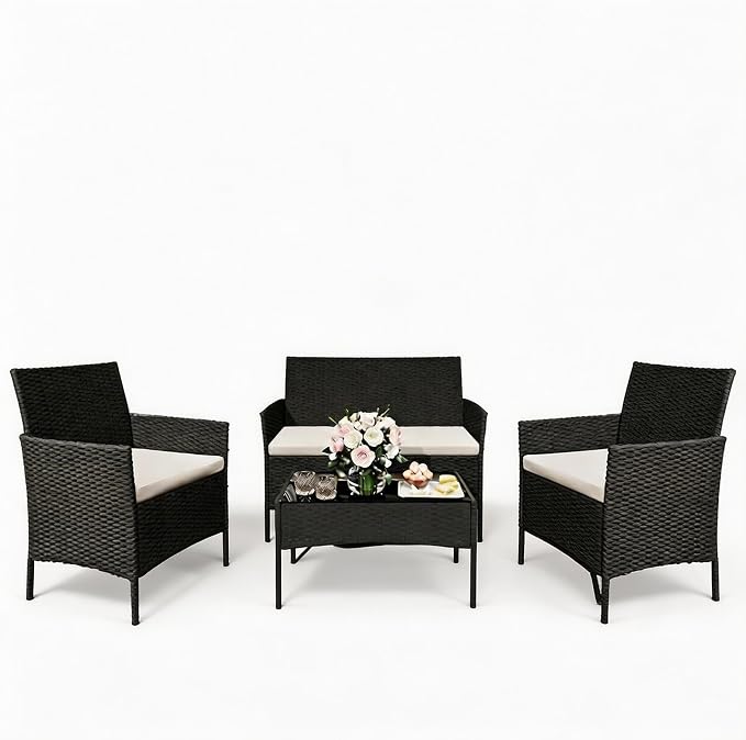 GarveeTech 4 Pieces Patio Furniture Set, Rattan Patio Conversation Set with Coffee Table, Outdoor Furniture Set for Garden, Porch, Lawn & Balcony（Black & Beige）