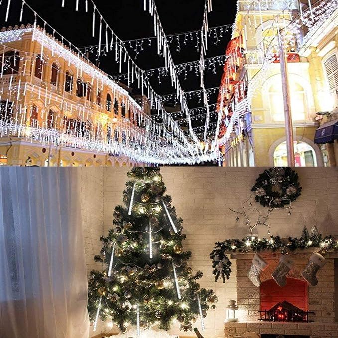 Weepong Christmas Lights Outdoor UL Certified Meteor Shower Lights 12 Inch 8 Tubes 192 LED Falling Rain Drop Icicle Snow Cascading Light for Xmas Tree Wedding Party Garden Decoration, White