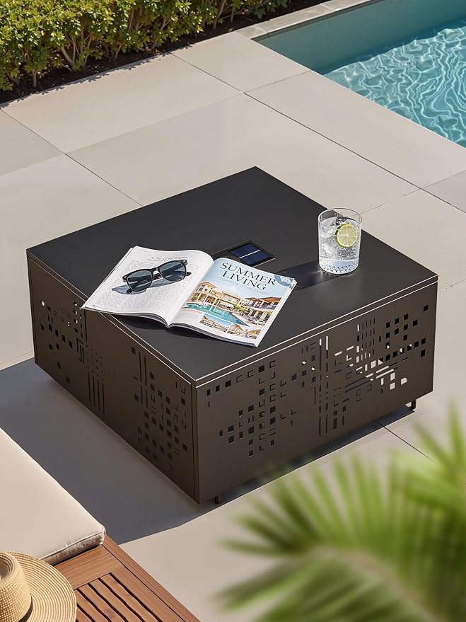 27" Outdoor Solar-Light Coffee Table with Geometric Cut-Out Design, Square Accent Coffee Table with Umbrella Hole, All Weather-Resistant Side Table for Patio, Garden, Deck, Black
