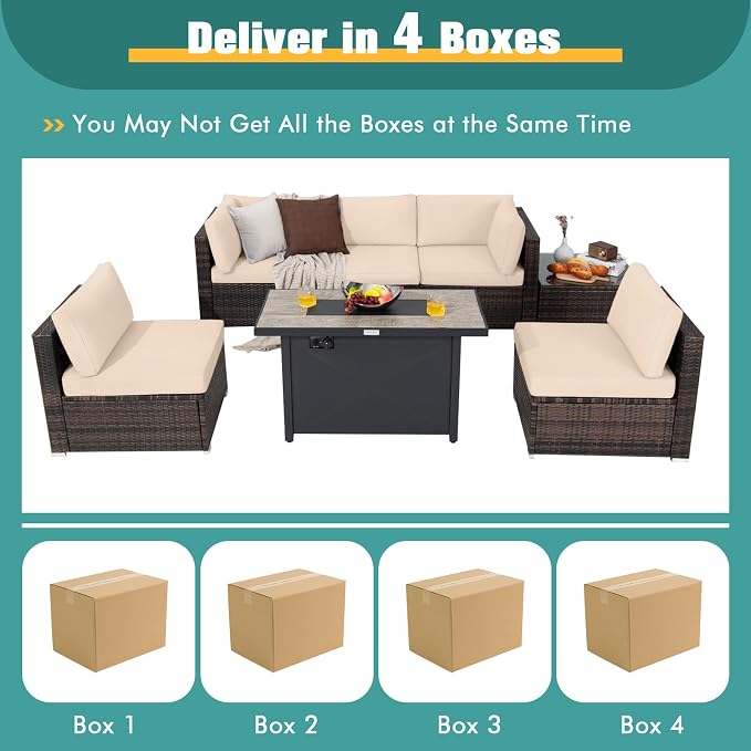 Tangkula 7 Piece Patio Furniture Set with Fire Pit Table, Patiojoy Outdoor PE Wicker Conversation Sectional Sofa Set with 30 Inches 50,000 BTU Propane Fire Pit Table, Waterproof PVC Cover (Brown)