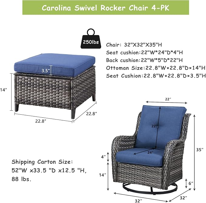 Rilyson Luxury 4 Pieces Patio Wicker Furniture Set, Outdoor Rattan Bistro Set with Rocking Swivel Chair, Ottoman and Thickened Cushions (Grey/Blue)