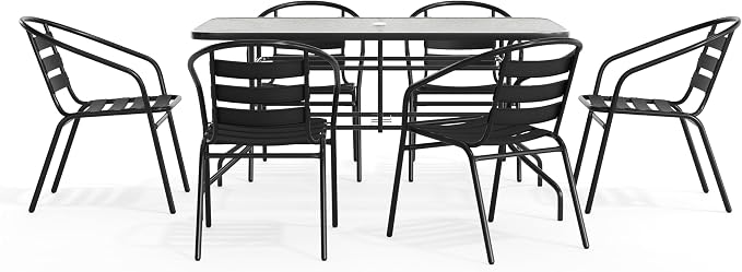 Flash Furniture Lila 7-Piece Glass Patio Table and Chairs Set, Outdoor Patio Dining Set with Rectangular Table and 6 Slat Back Patio Chairs, Black | Umbrella Hole, 55 in Tempered Glass, Aluminum Slat Back Stack Chairs