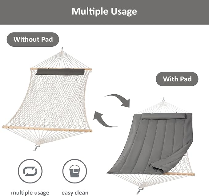SUNCREAT Hammocks Double Cotton Rope Hammock with Polyester Pad, Heavy Duty Hammock with Wooden Stand, Dark Gray