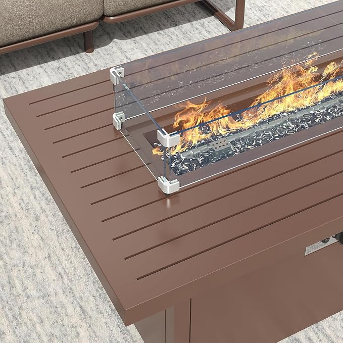 5-Seat Aluminum Patio Conversation Set, Modern Outdoor Sofa with Oversized Fire Pit Table (Glass Wind Guard), 6.5" Thick Cushions, All-Weather for Balcony, Garden (Brown)