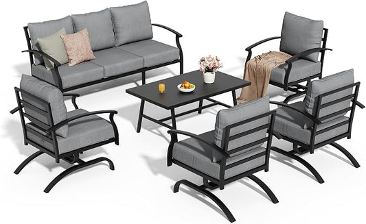 Metal Patio Furniture Set,6 Pieces 7 Seats Patio Sectional Outdoor Furniture Set with Rectangular Coffee Table,Patio Conversation Sets with 5.1" Thickened Cushions,Grey
