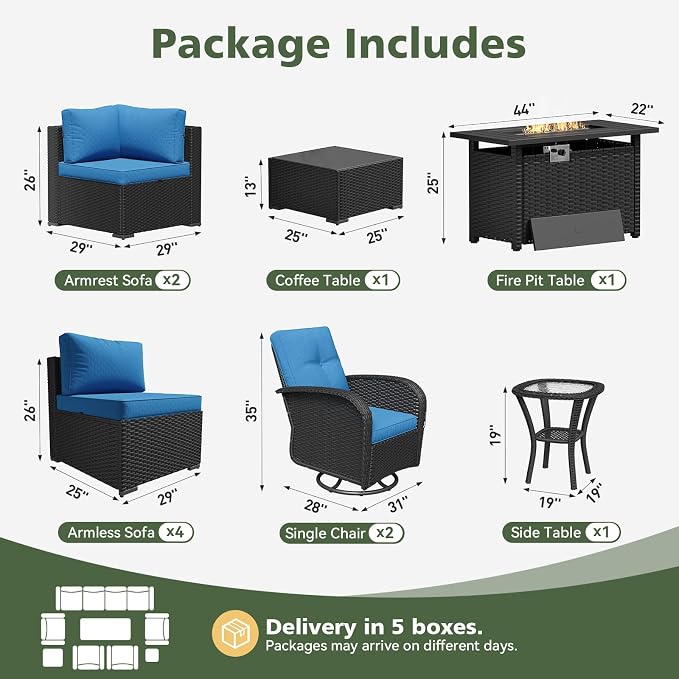 Aoxun 11 Piece Outdoor Patio Furniture Set with 44'' Fire Pit Table, Wicker Rattan Outdoor Furniture with High Back Swivel Rocker Chairs, Outdoor Sofa Set with Thick Cushion & Side Table, Peacock Blue