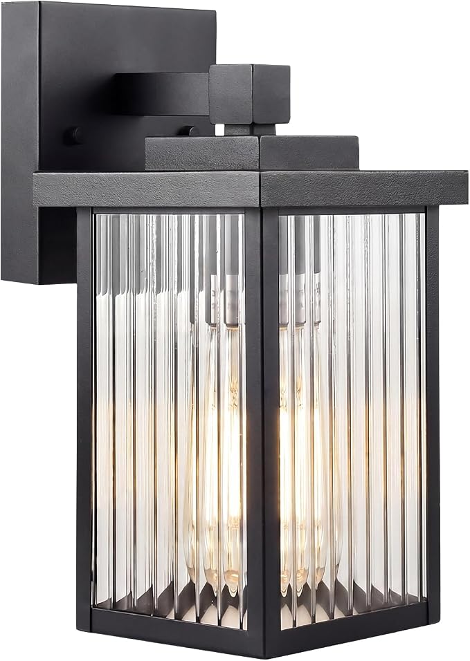 Black Wall Mount Porch Lights with Ribbed Fluted Glass | 10.6 inch, Anti-Rust Metal Frame, Tempered Glass, E26 Socket, Pre-Assembled DIY Install for Porch, Garage, Front Door