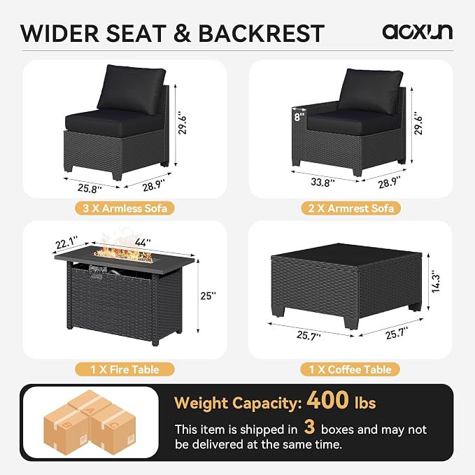 Aoxun Outdoor Patio Furniture Set with 44'' Fire Pit Table, 7 Pcs Outdoor Patio Furniture Sets with 4in Thicken Cushion, Widen Armrests Wicker Outdoor Sectional for Backyard & Garden, Black