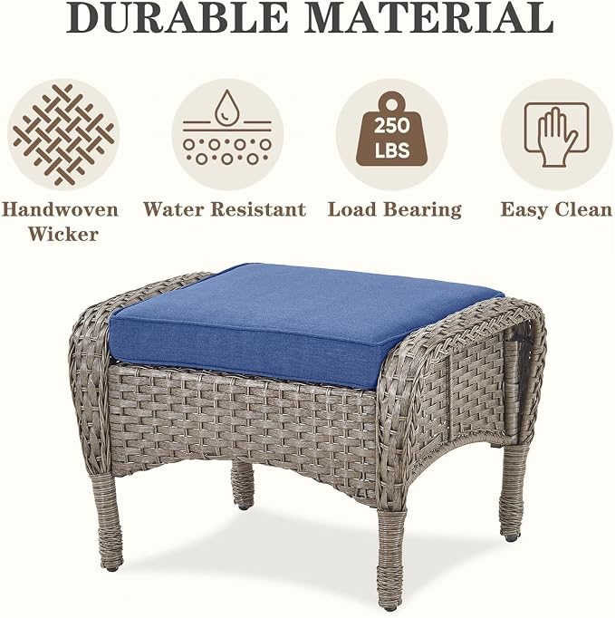 Belord Wicker Outdoor Furniture Set - 7 Piece Patio Conversation Sets with Comfort Swivel Rocker Glider Chairs Set of 2 & Rattan Sofa, Tempered Glass Coffee Table & Side Table Gray/Blue
