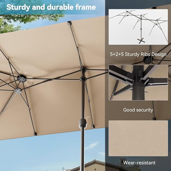 8 PCS Outdoor Patio Dining Set with 13.6ft Double-Sided Patio Umbrella,Patio Table and Chairs Metal Outdoor Patio Furniture Set,Dining Table Set with 6 Swivel Chairs,Brown