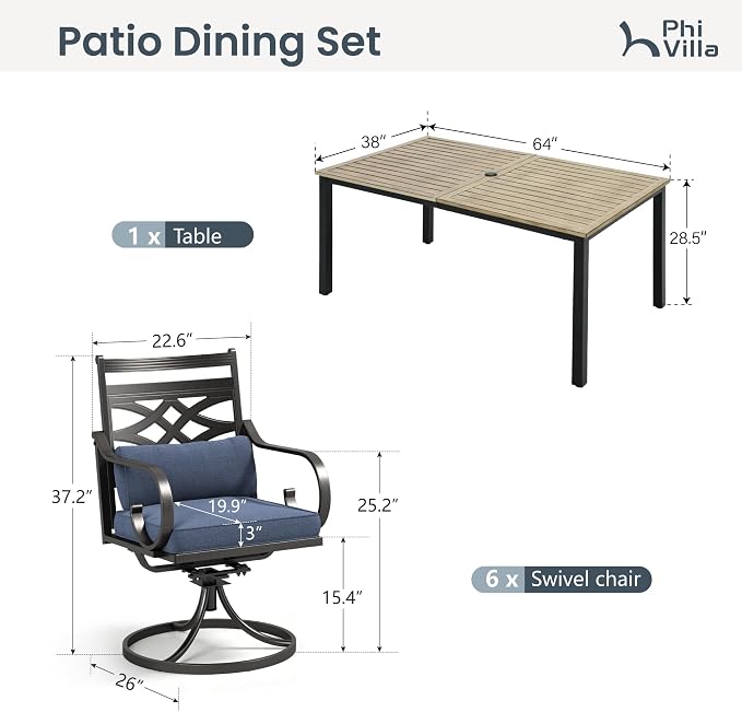 PHI VILLA Patio Dining Set, Swivel Chairs, Square Metal Table | Metal chairs, Blue, Umbrella Hole, Cushions, E-coated