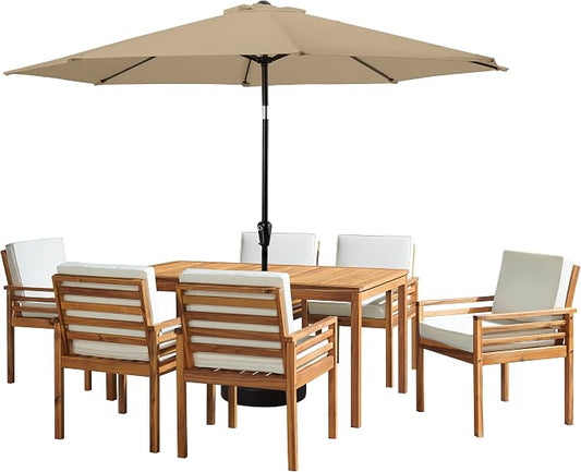 Alaterre Furniture Okemo 8 Piece Outdoor Dining Set with Umbrella - Solid Acacia Wood Outdoor Furniture Set with 63” Patio Table, 6 Patio Chairs, and 10ft Sand Umbrella