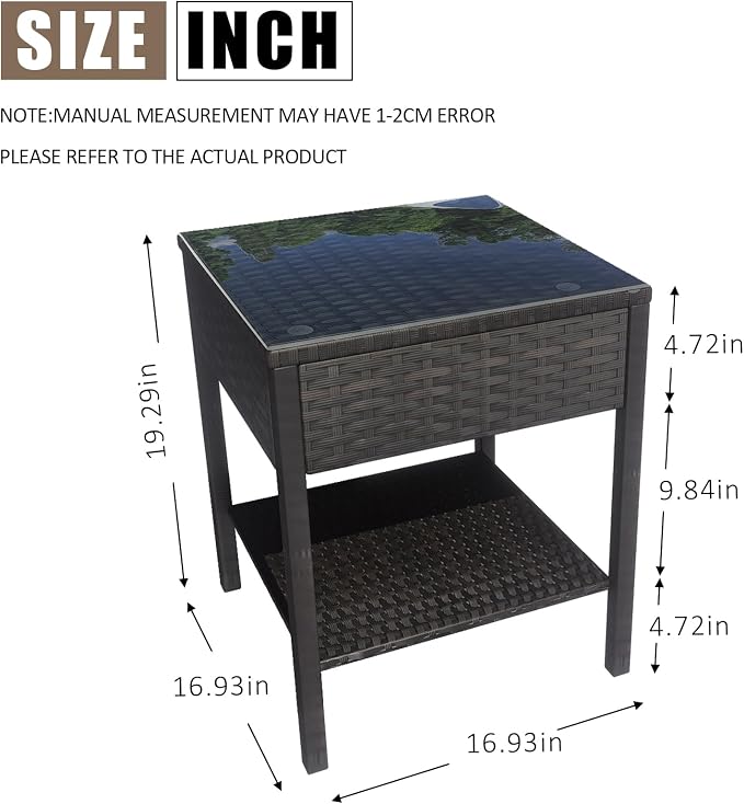 Wicker Rattan Side Table,Outdoor Patio Wicker Table,Modern Patio End Side Table with Glass Countertop and Storage Space,for Garden Balcony Porch