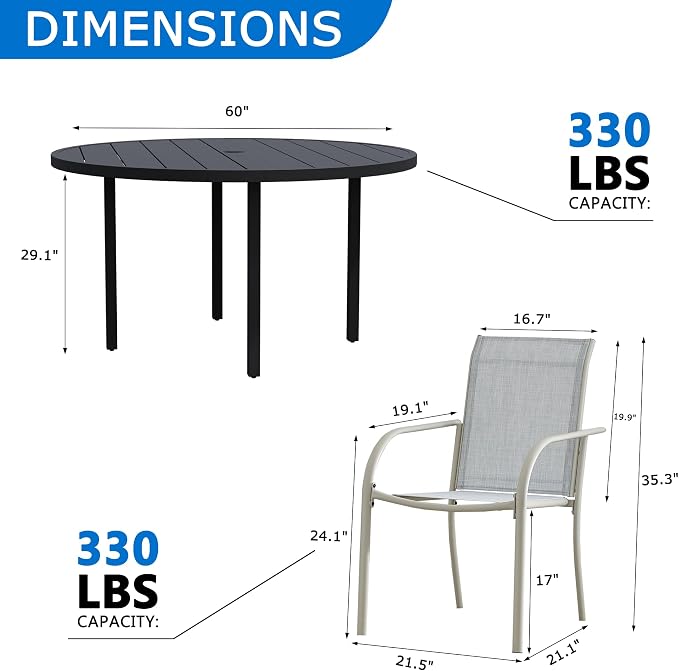 9-Piece Patio Furniture Set, Black Round Patio Table and Beige Chairs Set of 8, Outdoor Dining Set with Umbrella Hole for Garden, Yard, Patio