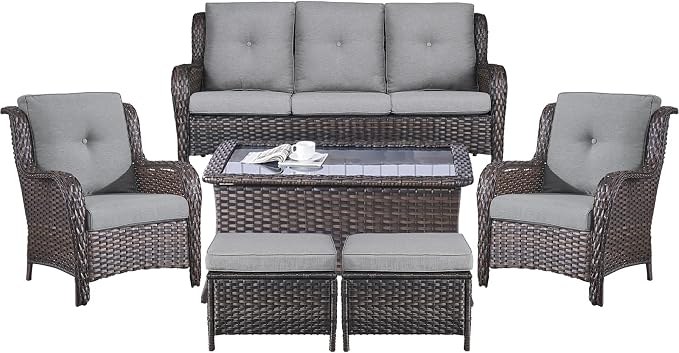 Belord Patio Wicker Sofa Set 6 Pieces Patio Furniture Set Outdoor Couch, 2 Patio Wicker Chairs with 1 Sofa, Coffee Table and Ottomans, Patio Conversation Set for Porch Garden Deck Balcony Poolside