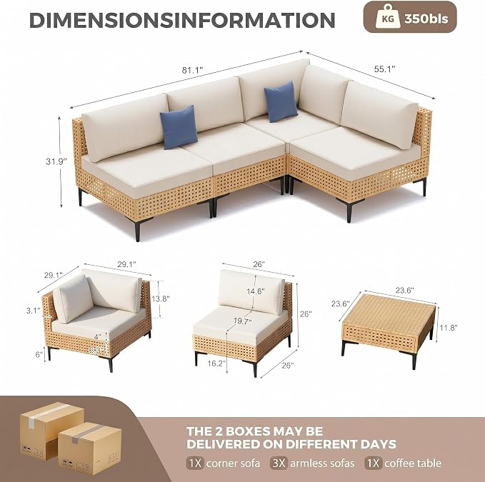 Outdoor Sectional 5 Piece Modular Patio Furniture Set Free Combination Outdoor Couch with Thick Cushion All Weather Wicker Patio Conversation Sets for Backyard, Deck, Poolside
