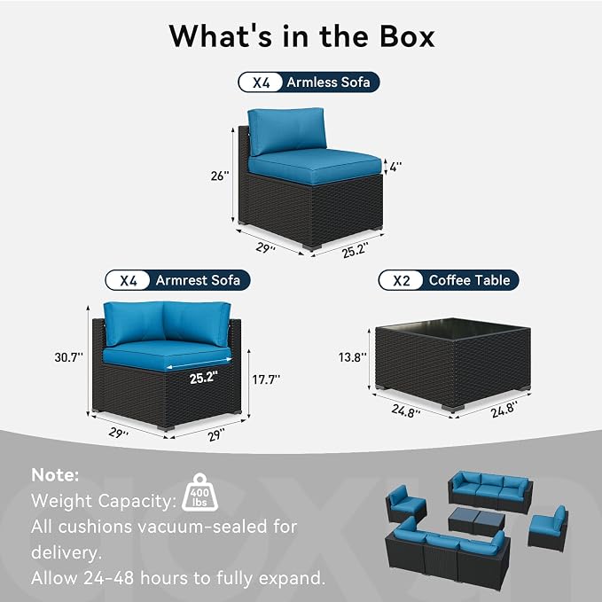 LazySunsets 10 Piece Outdoor Patio Furniture Set with Coffee Table, Outdoor Patio Furniture Sets with 4'' Thicken Cushion, Wicker Rattan Outdoor Conversation Set for Backyard & Garden, Peacock Blue