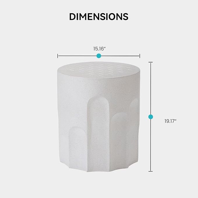 COSIEST Outdoor Side Table, 16.9" Modern Concrete End Table w Chessboard for Patio,Lightweight Round Outside Accent Table & Plant Stand for Garden, Porch, Deck, Balcony，White