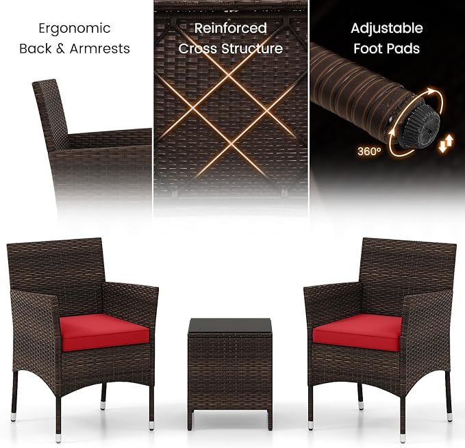 RELAX4LIFE 3-Piece Patio Furniture Set - Rattan Wicker Outdoor Conversation Set w/Cushions & Glass Coffee Table, Balcony Furniture for Porch Garden Backyard, Bistro Table and Chairs Set of 2 (Red)