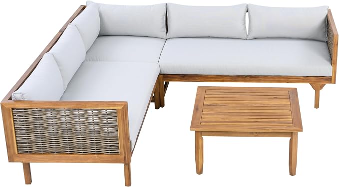 LUMISOL 4-Piece Outdoor Acacia Wood Sofa Set with Water Resistant Cushions, All Weather Patio Conversation Set with Coffee Table for Garden, Backyard, Poolside, Teak+Light Grey