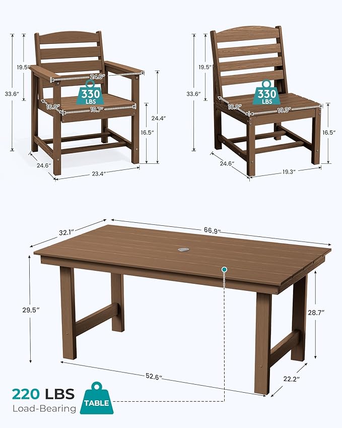 SERWALL 7-Pc HDPE Patio Dining Set, 1 Table & 6 Armless Chairs, Brown | HDPE Outdoor Dining Set with Rectangular Table & 6 Armless Chairs, All-Weather Resistant SERWALL Dining Set for 6