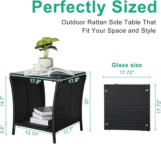Bonnlo Outdoor Coffee Table, Small Garden Side Table with Glass Top and Shelf Underneath, Outside Patio Balcony, 46x46x50cm Black