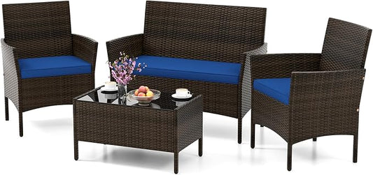 HAPPYGRILL 4 Pieces Outdoor Rattan Conversation Set, Patio Wicker Furniture Set with Loveseat Chairs & Tempered Glass Coffee Table, Outside Sectional Sofa Set for Backyard, Garden Poolside