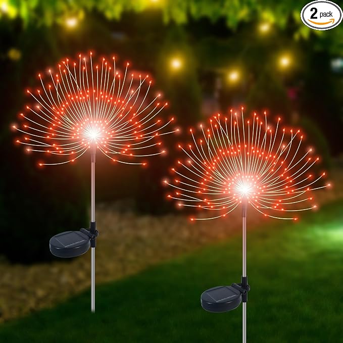 Slyuexu Solar Garden Lights Outdoor Waterproof, 2 Pack 120 LED Solar Firework Lights Decorative Garden Décor Outside for Flowerbed Pathway Party Christmas Decorations, Orange