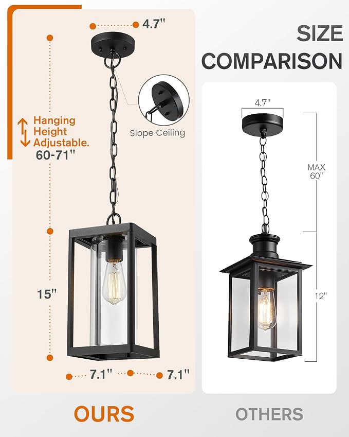 Beionxii Outdoor Pendant Light, Modern Exterior Hanging Porch Lantern | Hardwired 120V, Black Cast Aluminum w/Clear Cylinder Glass (15" x 7.1") for Coastal Pillars, Paths, Porch, A291H-1PK