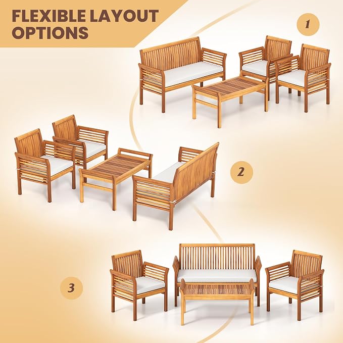 8 Piece Patio Furniture Set, Acacia Wood Sofa Set with Rectangular Coffee Table & Soft Seat Cushions, Outdoor Conversation Set for Garden, Backyard & Poolside