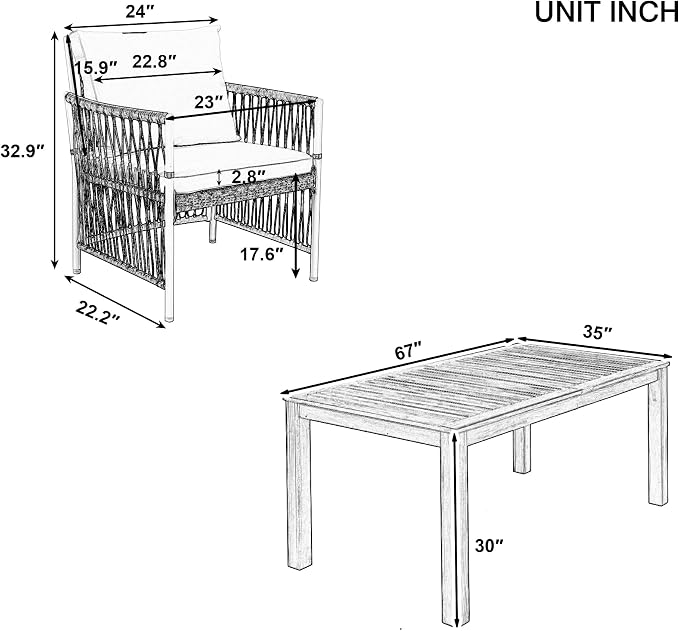 5-Piece Outdoor Patio Dining Set, All-Weather Acacia Wood 67''L Rectangular Dining Table with 4 Rattan Arm Chairs for Backyard, Garden, Poolside (Natural+R5)