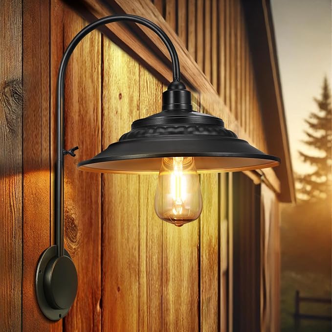 Solar Barn Lights Upgrade, 2PCS Waterproof Wall Light Fixture, Rustic Vintage Metal Gooseneck Solar Wall Mount Lights with Gold Interior, for Outdoor Barn Shed Garage Porch (Black)