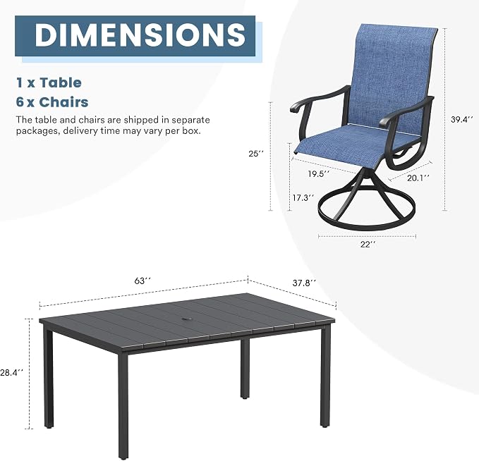 DIFY Outdoor Dining Set for 6, 7 Piece Patio Table and Chairs Set, Swivel Patio Chairs with Blue Textilene & 63" Black Rectangle Metal Dining Table with Umbrella Hole, for Garden Backyard Deck