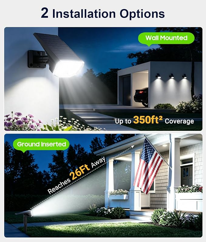 LETMY 6 Pack Solar Spot Lights Outdoor, 104 LED Solar Spotlights, IP65 Waterproof Solar Powered Outdoor Lights, Auto On/Off, Solar Lights Outdoor for Yard, Garden, Patio, Wall, Tree & Flag, Cool White