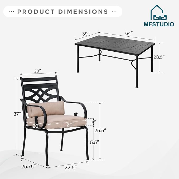 MFSTUDIO 7-Piece Patio Dining Set, 64" Metal Table, Fixed Chairs | Umbrella Hole, All-Weather Use