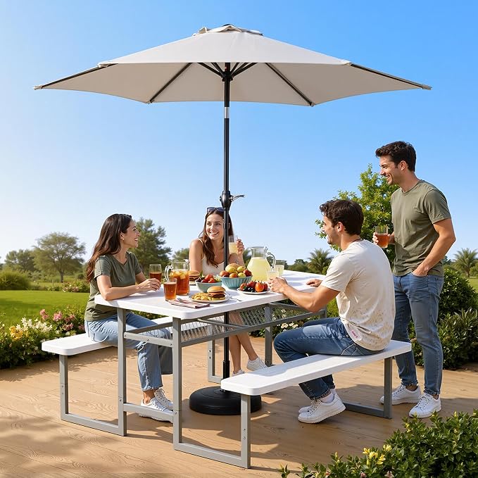 VINGLI Outdoor Picnic Table with Storage Shelf & Umbrella Hole, 4.5FT All Weather Metal Frame HDPE Tabletop Plastic Picnic Table for Dining Party Garden(White)