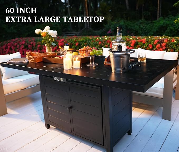 PIZZELLO 5 Pieces Patio Furniture Set w/ 60" Gas Fire Pit Table and 4 HPDE Patio Dining Chairs, Outdoor Conversation Set 50,000 BTU Aluminum Propane Fire Pit Patio Chairs Set of 4 for Backyard