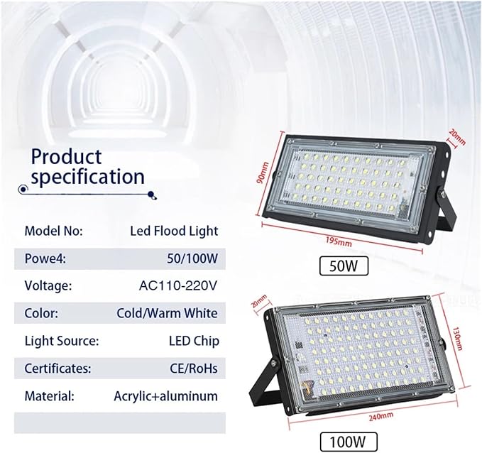 LED Flood Light Spotlight 100W 50W Outdoor Waterproof Reflector Floodlights Street Wall Lamp Garden Lighting(1pcs,Warm White_100W)