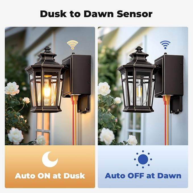 Gleamz Outdoor Wall Light with GFCI Outlet, ORB Dusk to Dawn Outdoor Lighting, Patio Lights Outside Waterproof Anti-Rust, Exterior Lighting Fixtures Wall Mount for Garden, Front Door, E26 Base
