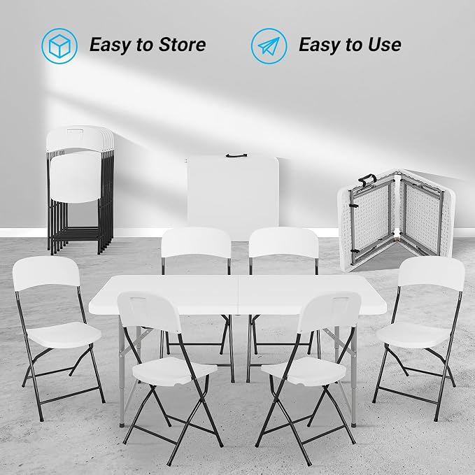 4ft Folding Table and Chairs, Outdoor Folding Chairs Set of 4, Foldable Table with Handle, Tables and Chairs for Parties, Picnic, Event, Indoor Outdoor Activities, at Home and Commercial Use, White