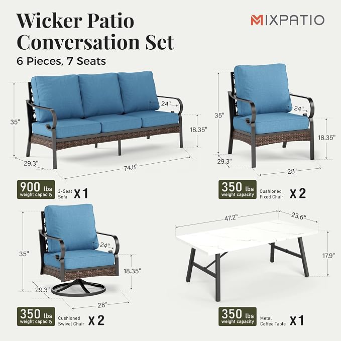 MIXPATIO Patio Furniture Set with Coffee Table, Outdoor Conversation Set with 2 x Fixed Chairs, 2 x Swivel Chairs, 1 x 3-Seat Sofa for Lawn Garden Backyard, Navy Blue