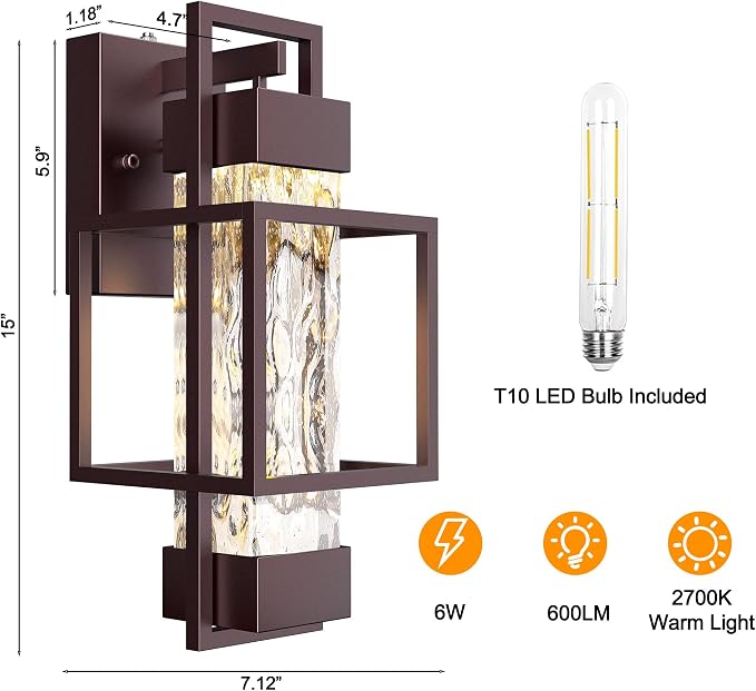 Modern Outdoor Wall Lights 2 Pack, 15" Dusk to Dawn Sensor, Waterproof Porch Light, Bronze