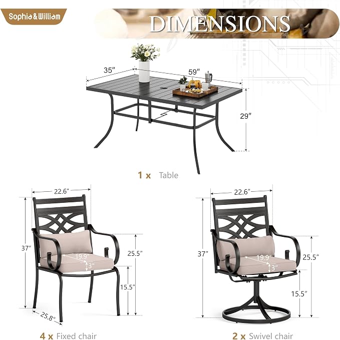 Sophia & William 7-Pieces Patio Dining Set Umbrella Swivel Chairs 59" Black | Fixed Chairs, Umbrella Hole, Removable Cushions, Metal Frame, Cushions