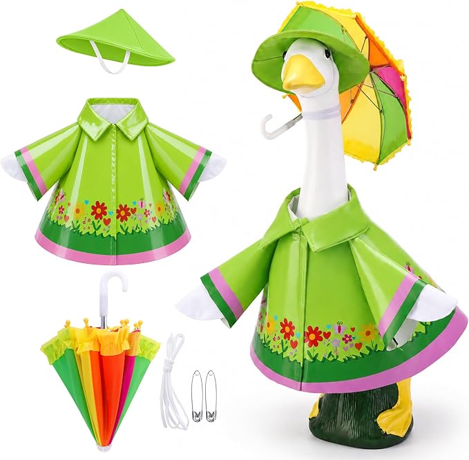 DECOHS 3 Pcs/Set Raincoat Porch Goose Outfits, Summer Lawn Goose Statue Costume with Rainbow Umbrella and Hat, Yard Geese Clothes for 23" Statue Patio Garden Decoration (Fresh Green)