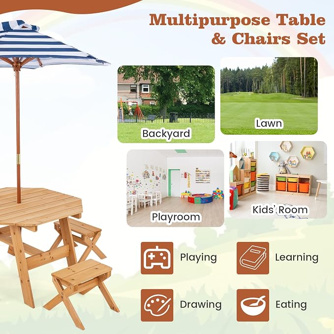 KOTEK Kids Picnic Table, Fir Wood Foldable Toddler Octagon Table and Chairs with Height Adjustable Umbrella, Indoor Children Art Play Table, Activity Kids Outdoor Table for Backyard & Patio (Natural)
